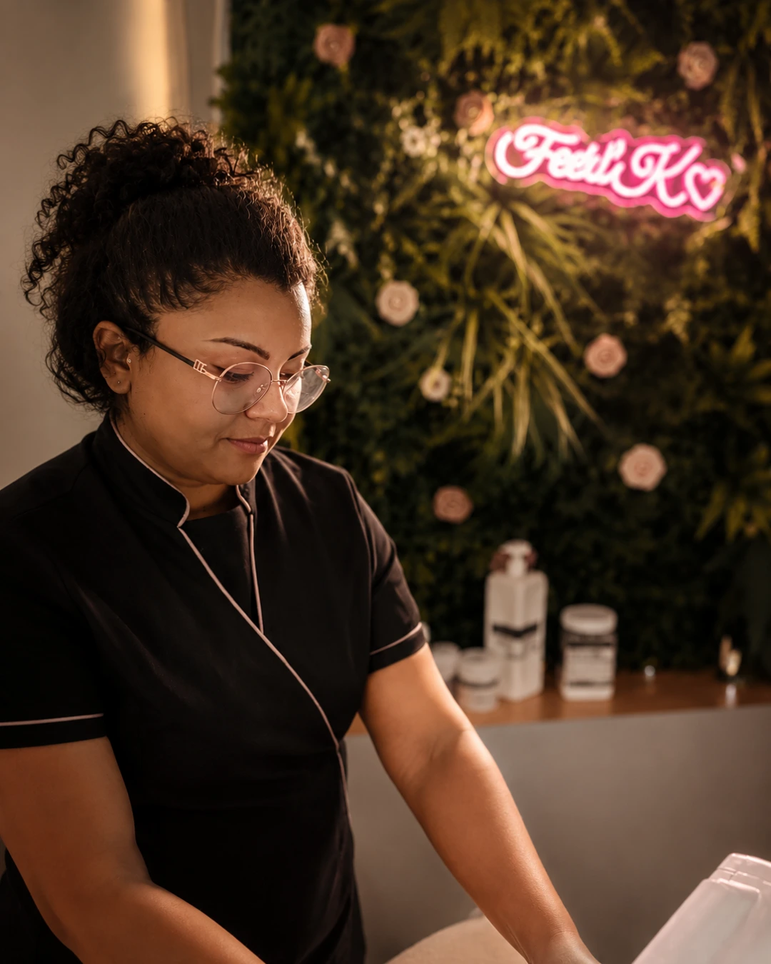 Ericka, esthéticienne, au travail dans l'institut Féeri'K devant le mur végétal et l'enseigne lumineuse